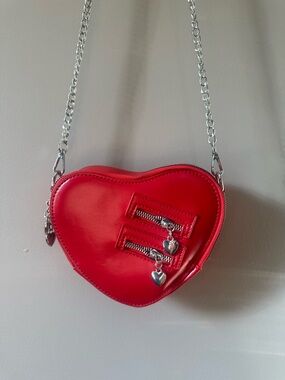 Red Heart Crossbody Bag with Silver Chain